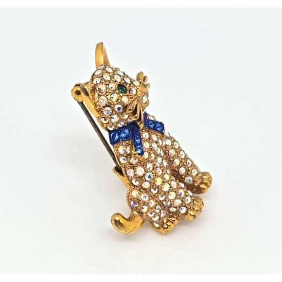 Signed Butler Cat Brooch Pin Vintage Aurora Borealis Blue Bow - Picture 3 of 8